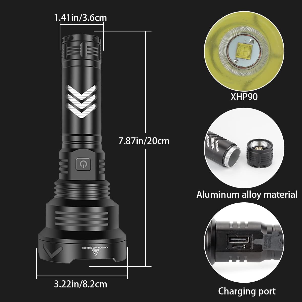 Lanterna LED WholeFire, din aluminiu, 100.000 lumeni, profesionala, acumulator inclus, 5 moduri iluminare, rezistenta la apa, incarcare USB, sursa XHP90, negru