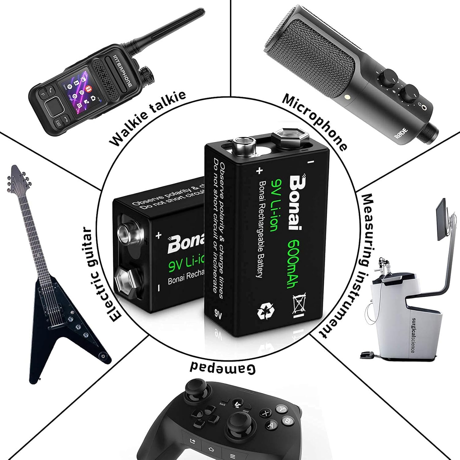 Set 4 baterii 9 V reincarcabile litiu-ion, 600mAh, 6F22, dimensiune standard, acumulatori pentru detectoare de fum, microfoane si multe altele