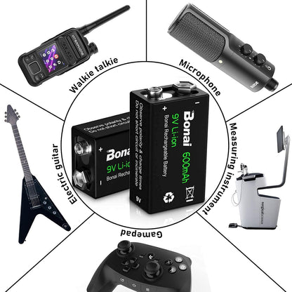 Set 4 baterii 9 V reincarcabile litiu-ion, 600mAh, 6F22, dimensiune standard, acumulatori pentru detectoare de fum, microfoane si multe altele