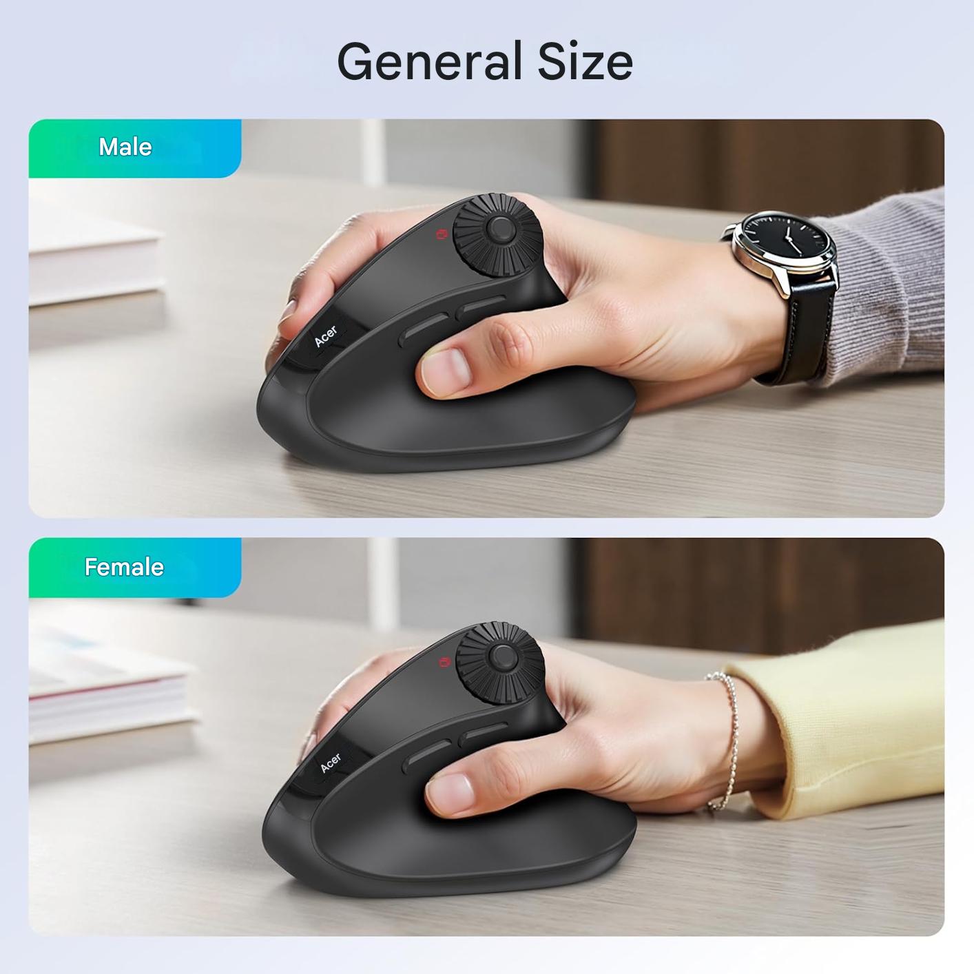 Mouse Wireless vertical Acer, Bluetooth 5.2 + 2.4GHz, 4000 DPI, 8 butoane, rotita scroll laterala, conectare 3 dispozitive, ergonomic 59°, negru