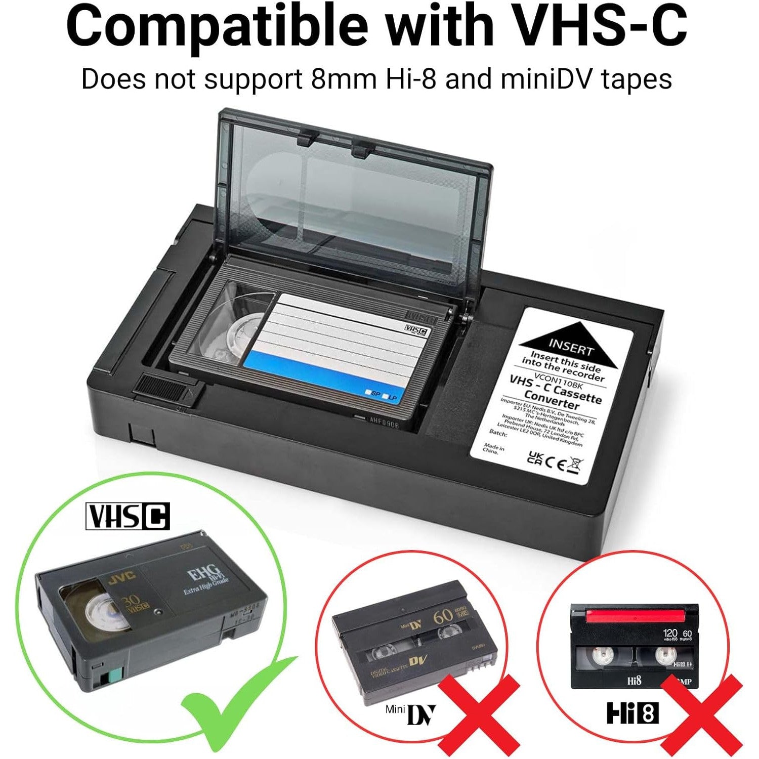 Converter caseta video, adaptor de la VHS-C la VHS, Plug & Play, negru