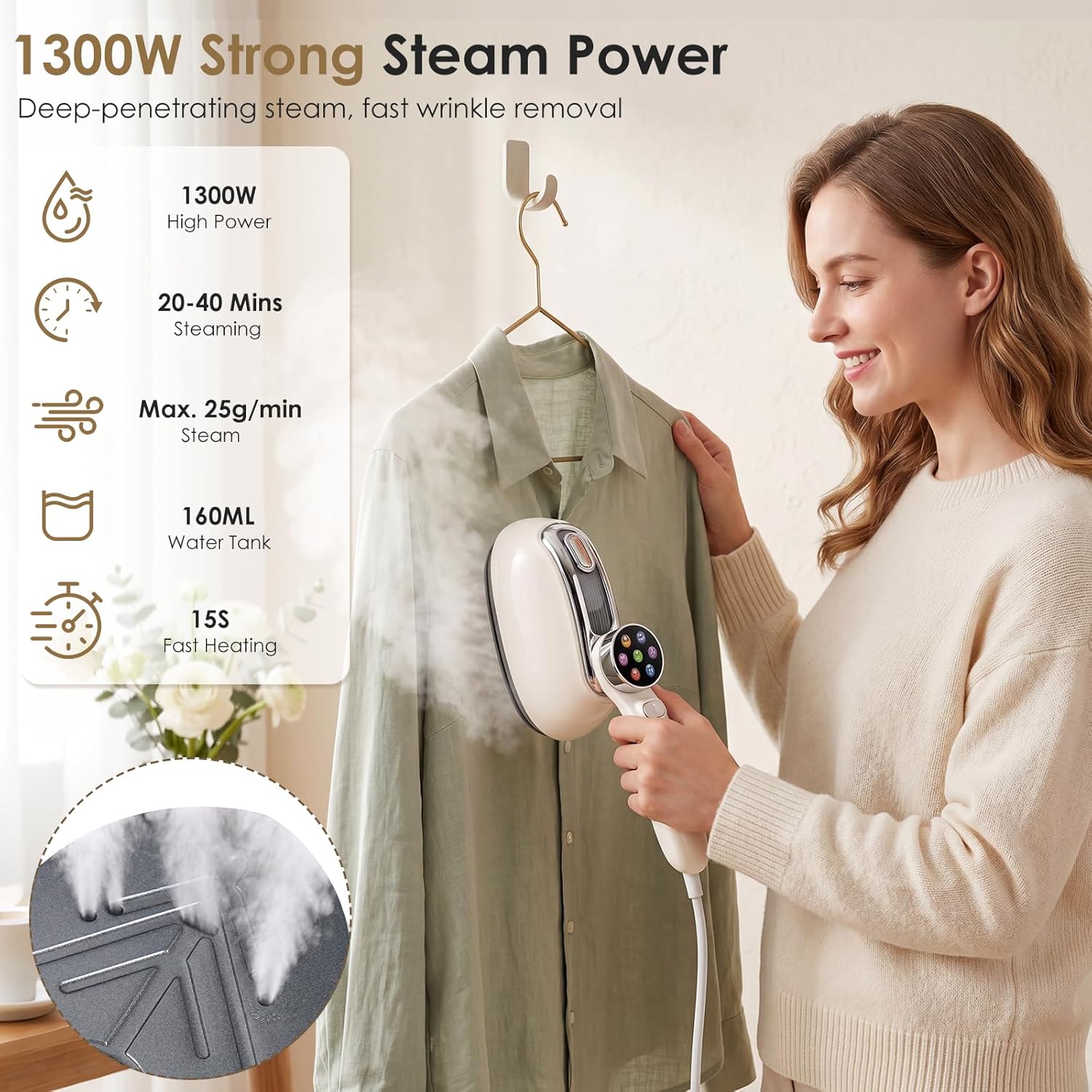 Fier de calcat cu abur portabil 2 in 1 Fizzyo, 1300W, incalzire rapida in 15 secunde, 6 niveluri de abur cu afisaj LED, maner rotativ 180°, rezervor 160ml, aparat vertical si orizontal pentru haine, perdele si calatorii, bej