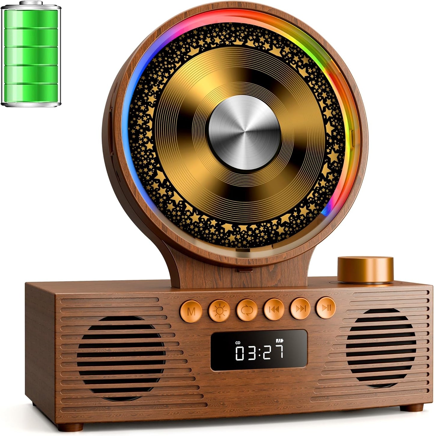 CD player portabil ROADOM Bluetooth 5.3, difuzoare duale Hi-Fi, baterie 4000 mAh, 6 in 1 CD, USB, TF, FM, AUX, lumina RGB, telecomanda, design retro vintage din lemn, maro