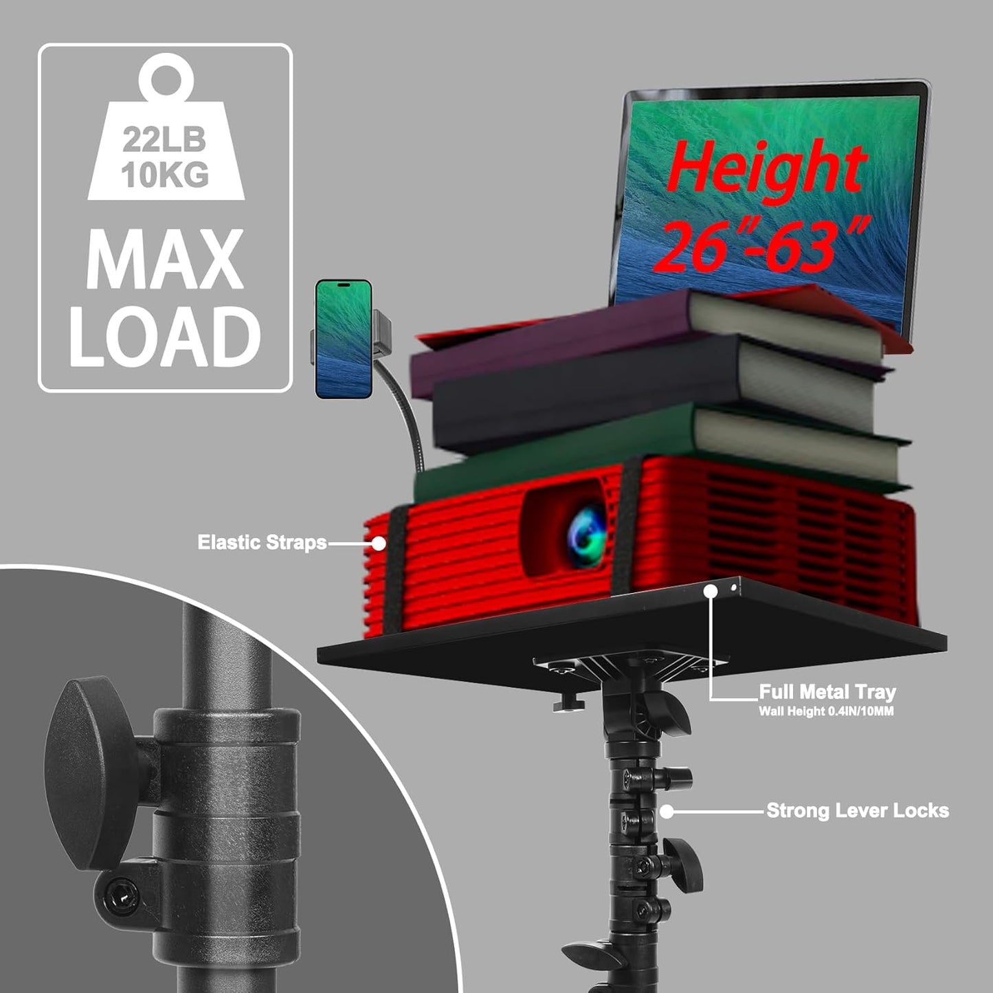 Suport mobil pentru videoproiector/laptop, stand cu inaltime reglabila 66-160 cm, suport smartphone, capacitate 10 kg, din metal, tava rotativa 360°, pentru proiector, tableta, mixer, laptop, partitura, negru
