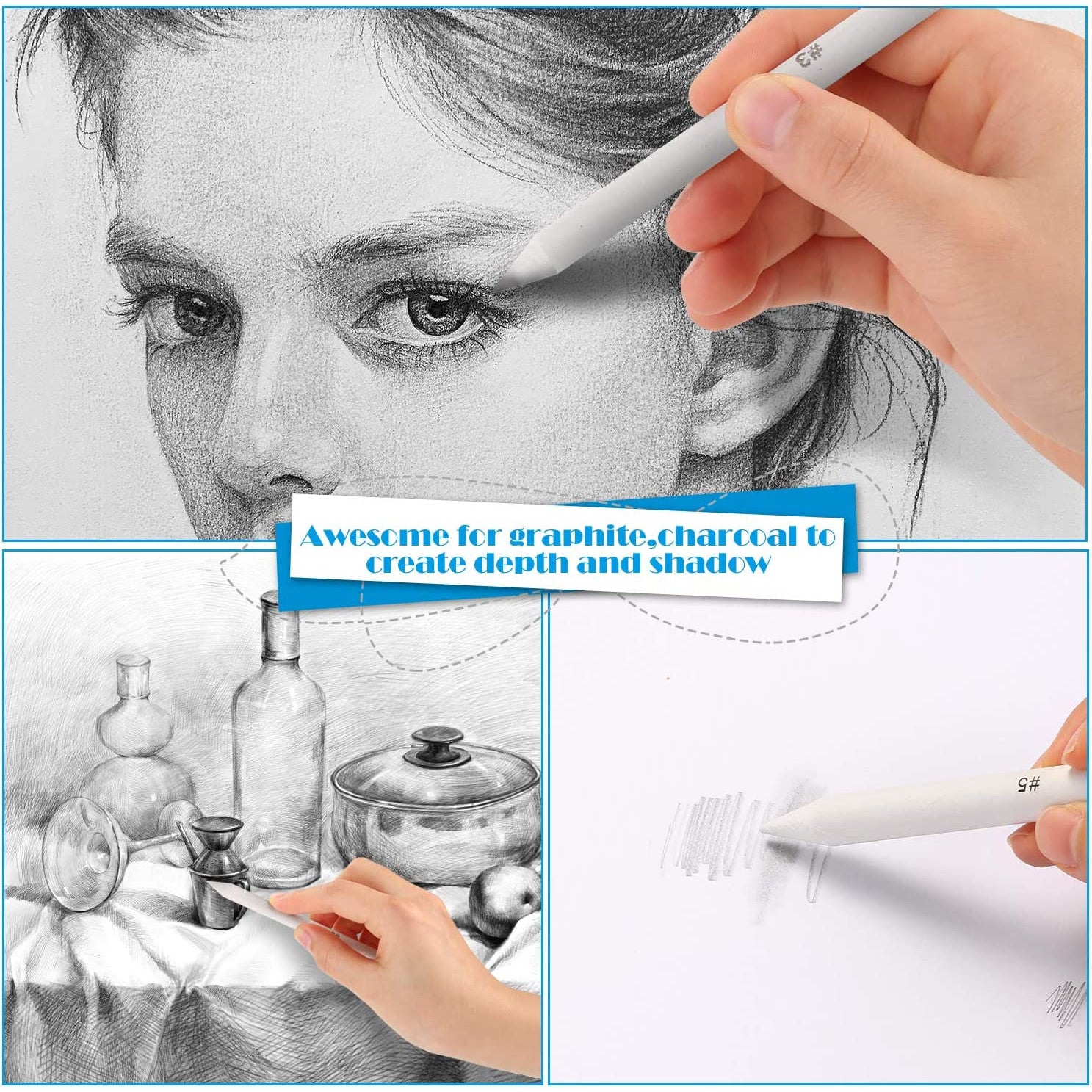 Set estompe, 22 piese, cu 16 creioane de hartie, 2 radiere, 2 smirghel ascutit mina, 2 radiere si prelungitor creion, pentru amestecarea culorilor, desen, schite, cu husa de depozitare