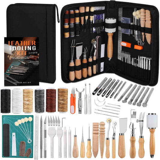 Set profesional de prelucrare a pielii, 65 de piese, stampile, perforatoare, scule marochinarie cu geanta de depozitare
