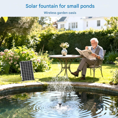 Fantana solara 12W cu baterie 5000 mAh, 10 duze si 10 stiluri de fantana, debit 300l/h, inaltime 0.3–0.8 m, panou solar cu cablu de 3 m, functie anti-uscare, functionare silentioasa ≤50 dB, pentru iaz, gradina, baie pasari si decor exterior