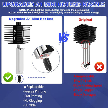 Set 3 Hotend-uri 0.4 mm pentru Bambu Lab A1 / A1 Mini, cu duze otel calit 0.2/0.4/0.6 mm, sosete silicon, ace curatare si chei, compatibil PLA ABS PETG TPU lemn 1.75 mm, kit complet extruder imprimanta 3D