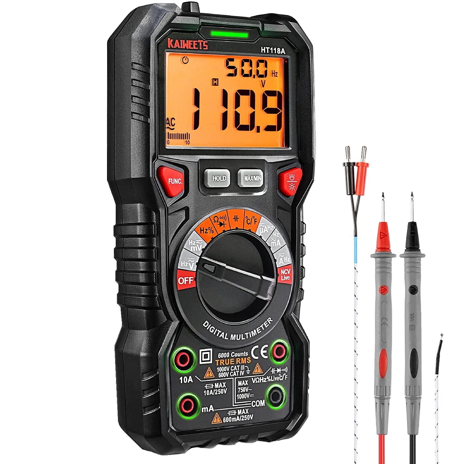 Multimetru digital CAT III 1000V CAT IV 600V True RMS, lumina LED, gama automata 6000 Counts, AC/DC, temperatura, capacitate, frecventa, rezistivitate, continuitate, NCV, Kaiweets HT118A