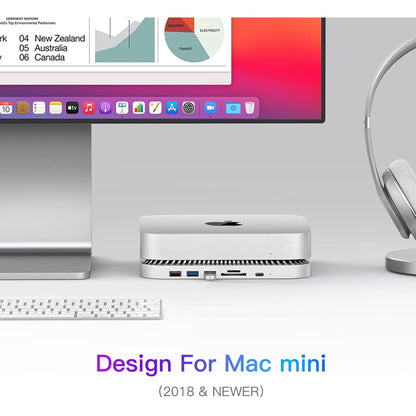 Stand si hub compatibil Mac Mini, cu carcasa SSD STA SATA de 2, 5 inch, 1 port USB-C, 2 porturi USB-A 3.0, 1 port USB-a 2.0, slot card MicroSD/SD, din aluminiu, pentru Mac Mini M1