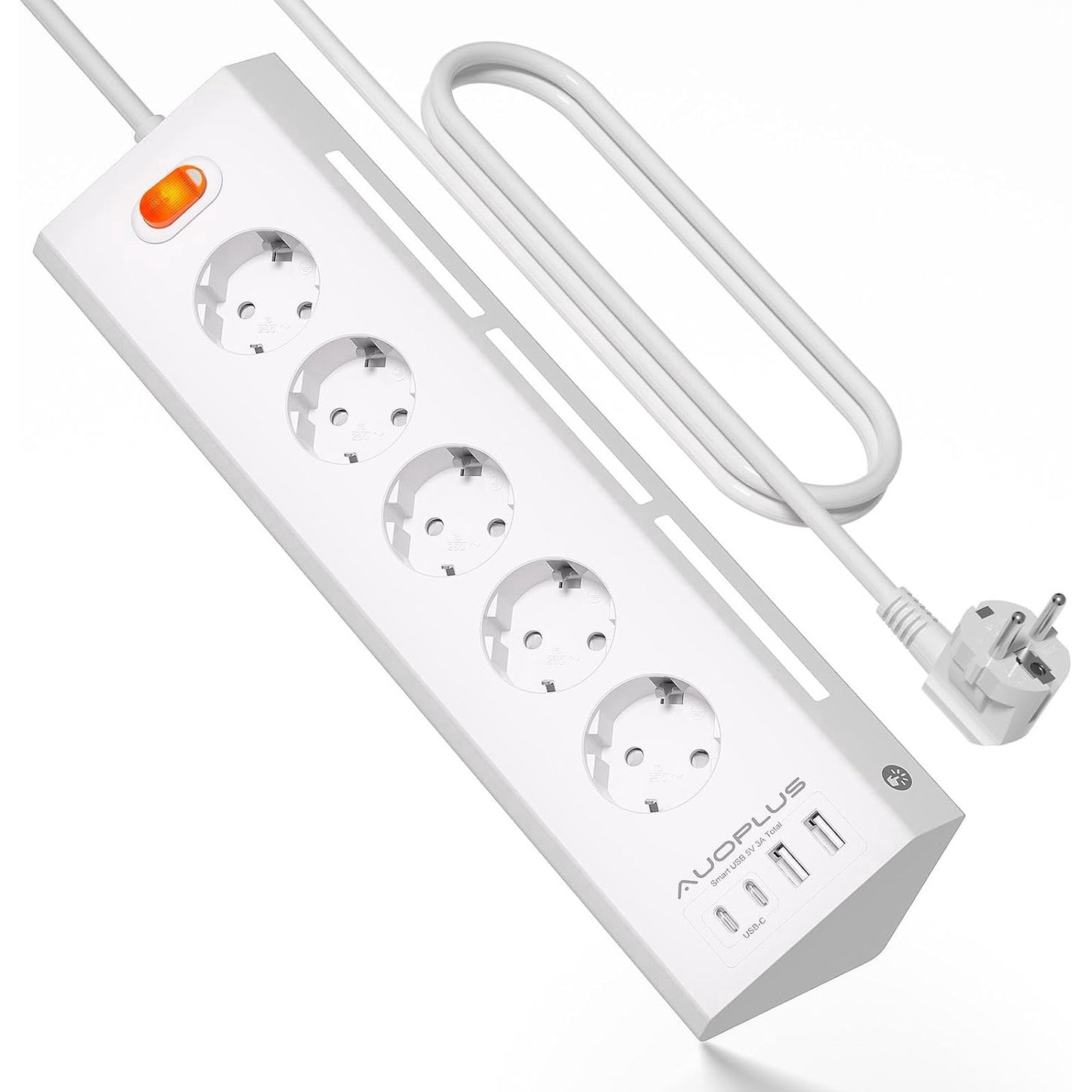 Prelungitor pentru perete/colt 3680 W/16 A, 5 prize, 2 porturi USB-A, 2 porturi USB-C, lumina de noapte reglabila, cablu de 2 m, cu protectie la supratensiune