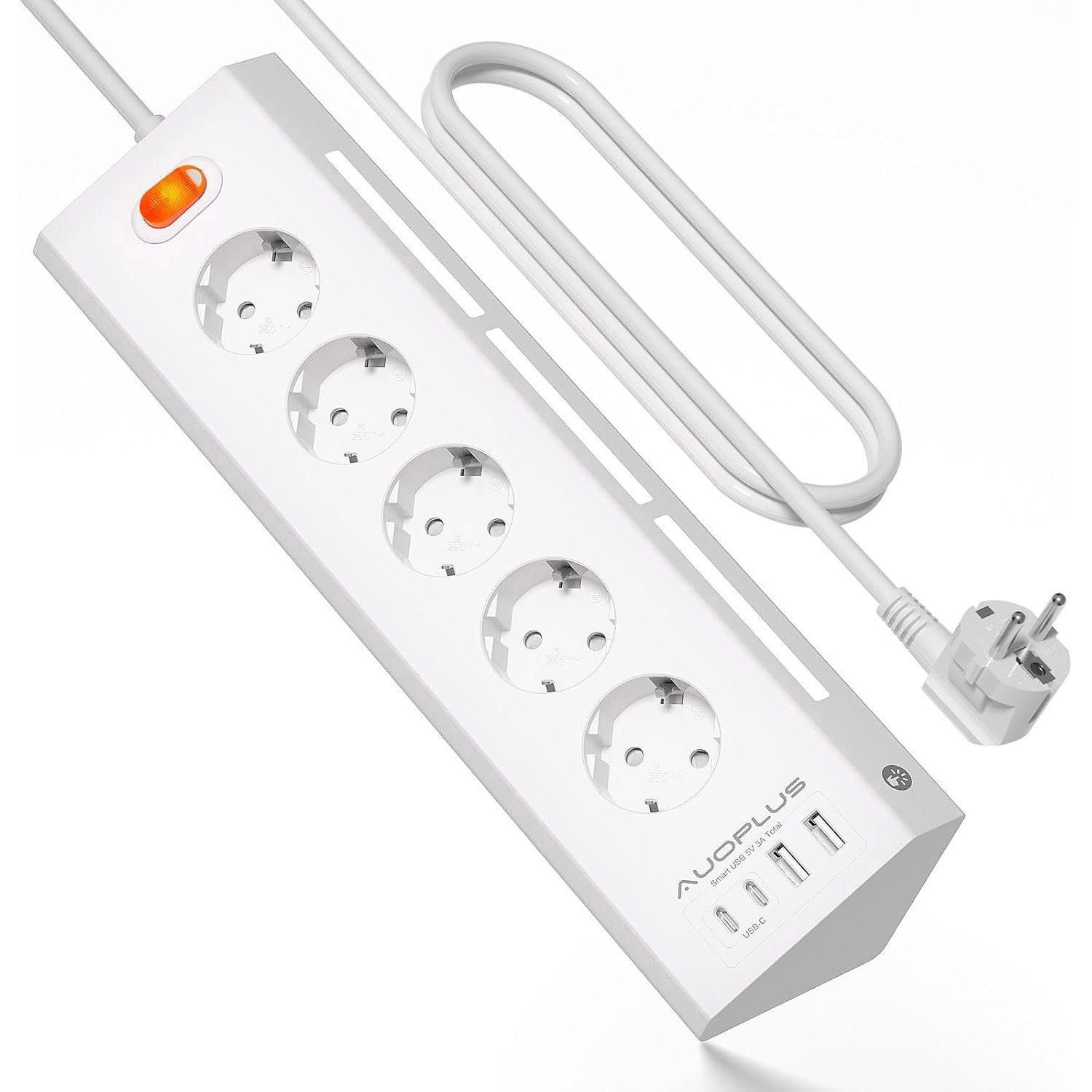 Prelungitor pentru perete/colt 3680 W/16 A, 5 prize, 2 porturi USB-A, 2 porturi USB-C, lumina de noapte reglabila, cablu de 2 m, cu protectie la supratensiune