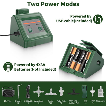 Kit sistem irigare prin picurare WiFi, Pentru 10 ghivece, Wireless, Control prin aplicatie Tuya, Programabil, Alimentare prin Baterii AA si USB, Furtun de 10 m, Sunlary