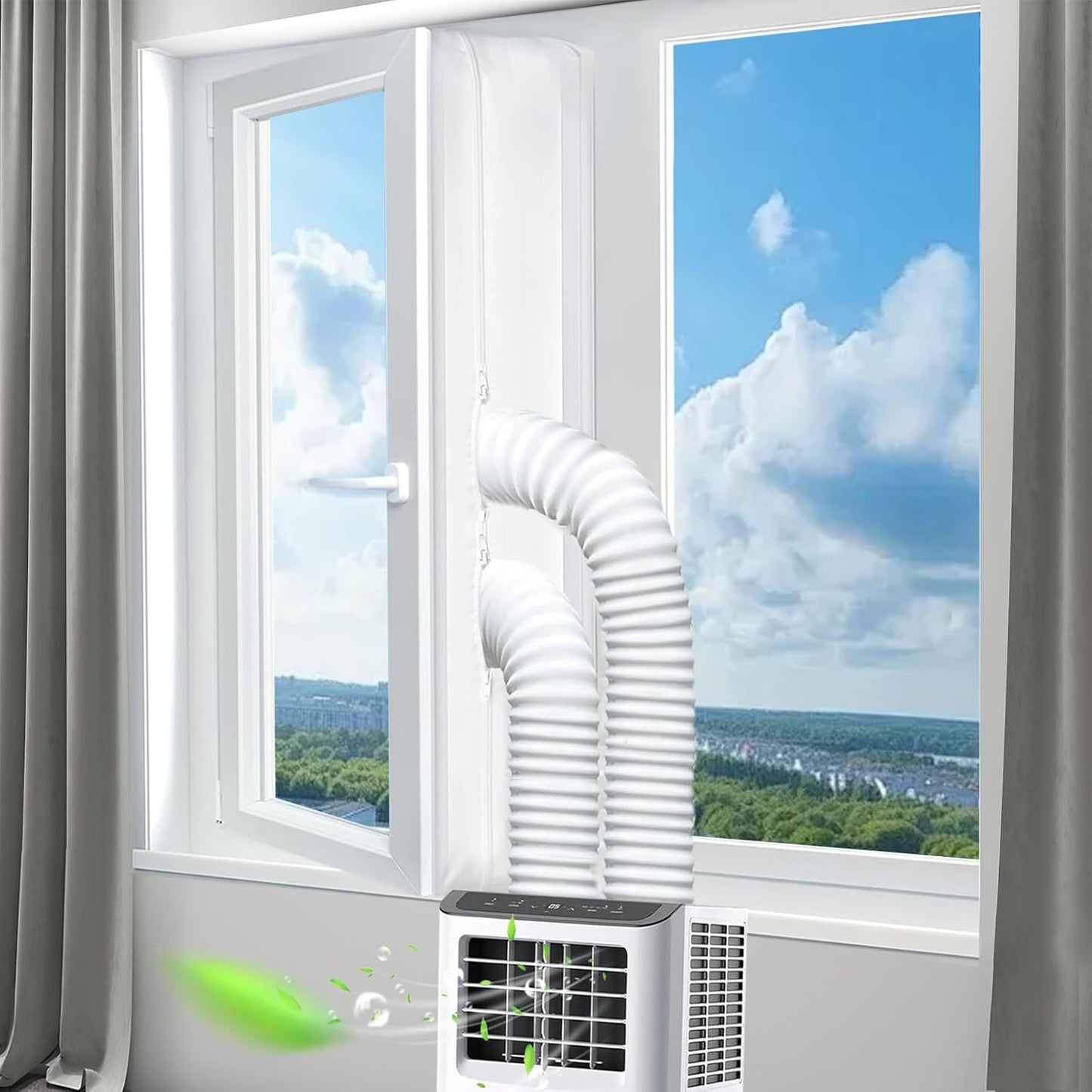 Garnitura ferestre pentru aer conditionat portabil, 500 cm, impermeabila, fermoar dublu pentru 1 sau 2 furtunuri, material PU termoizolant, montaj fara gaurire, anti-insecte, anti-praf, pentru ferestre batante si oscilo-batante
