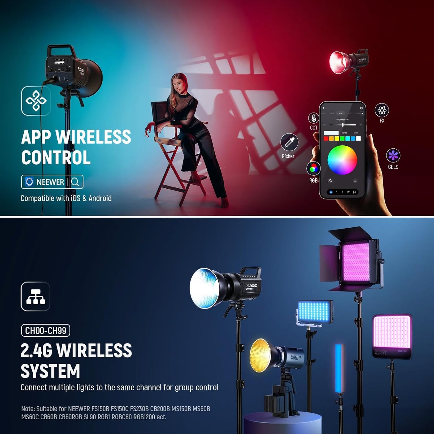 Lampa studio LED COB 300 W, RGB, 17 efecte, lumina continua COB 2500K-7500K, 29000 lux/1 m, dimabila, ventilator silentios, montura Bowens CRI95+/TLCI97+, cu control aplicatie dedicata, pentru fotografie de studio si inregistrare video