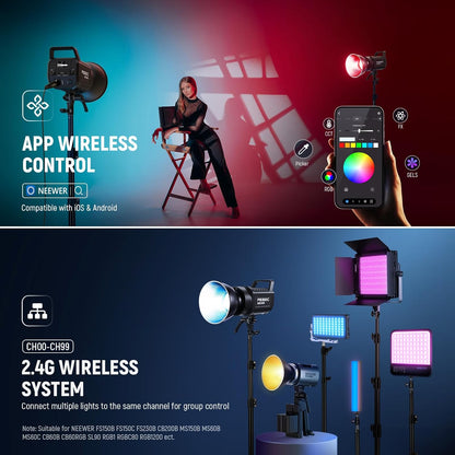 Lampa studio LED COB 300 W, RGB, 17 efecte, lumina continua COB 2500K-7500K, 29000 lux/1 m, dimabila, ventilator silentios, montura Bowens CRI95+/TLCI97+, cu control aplicatie dedicata, pentru fotografie de studio si inregistrare video