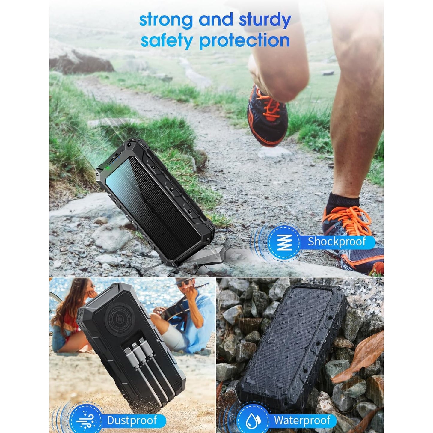 Baterie externa solara 49.920 mAh, Powerbank cu incarcare wireless, cablu USB-C, Lightning si Mini-USB incorporat, cu 2 intrari si 7 iesiri, lanterna LED, impermeabila si rezistenta la socuri