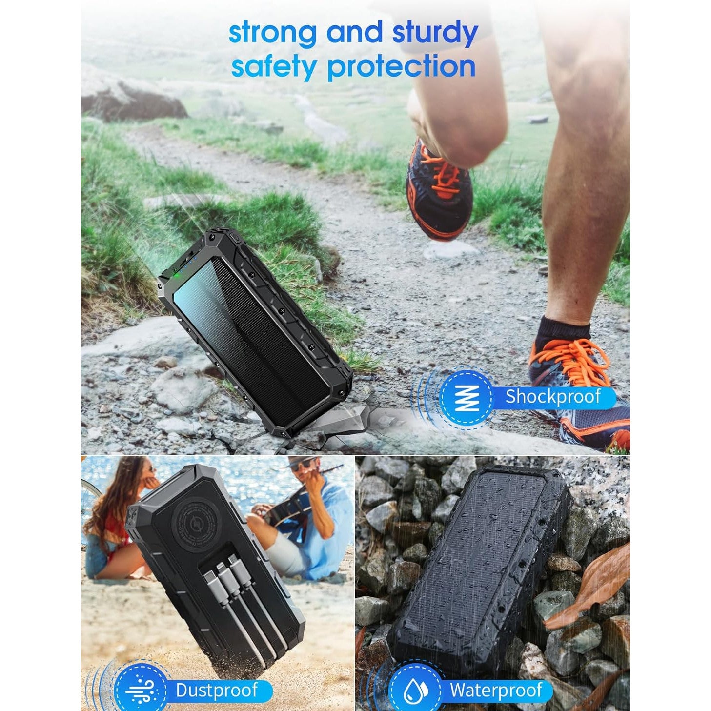 Baterie externa solara 49.920 mAh, Powerbank cu incarcare wireless, cablu USB-C, Lightning si Mini-USB incorporat, cu 2 intrari si 7 iesiri, lanterna LED, impermeabila si rezistenta la socuri