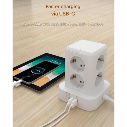 Prelungitor tip turn cu 8 prize si 3 porturi USB, 3680 W 16 A, protectie la supratensiune, indicator LED, cablu de 2m, alb