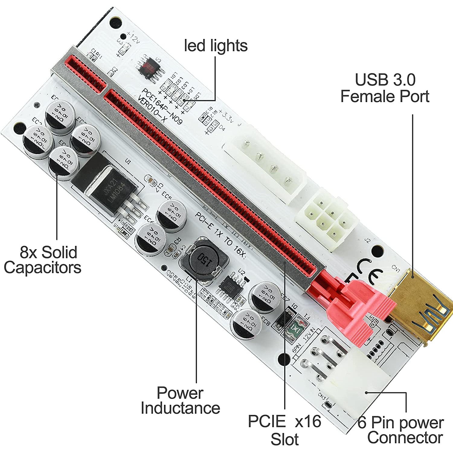 Set de 6 placi PCI-E riser, 1X-16X, 8 capacitori, VER010, minare Bitcoin Litecoin, cu cablu USB 3.0 de 60 cm, alimentare cu 6 pini, SATA, Molex