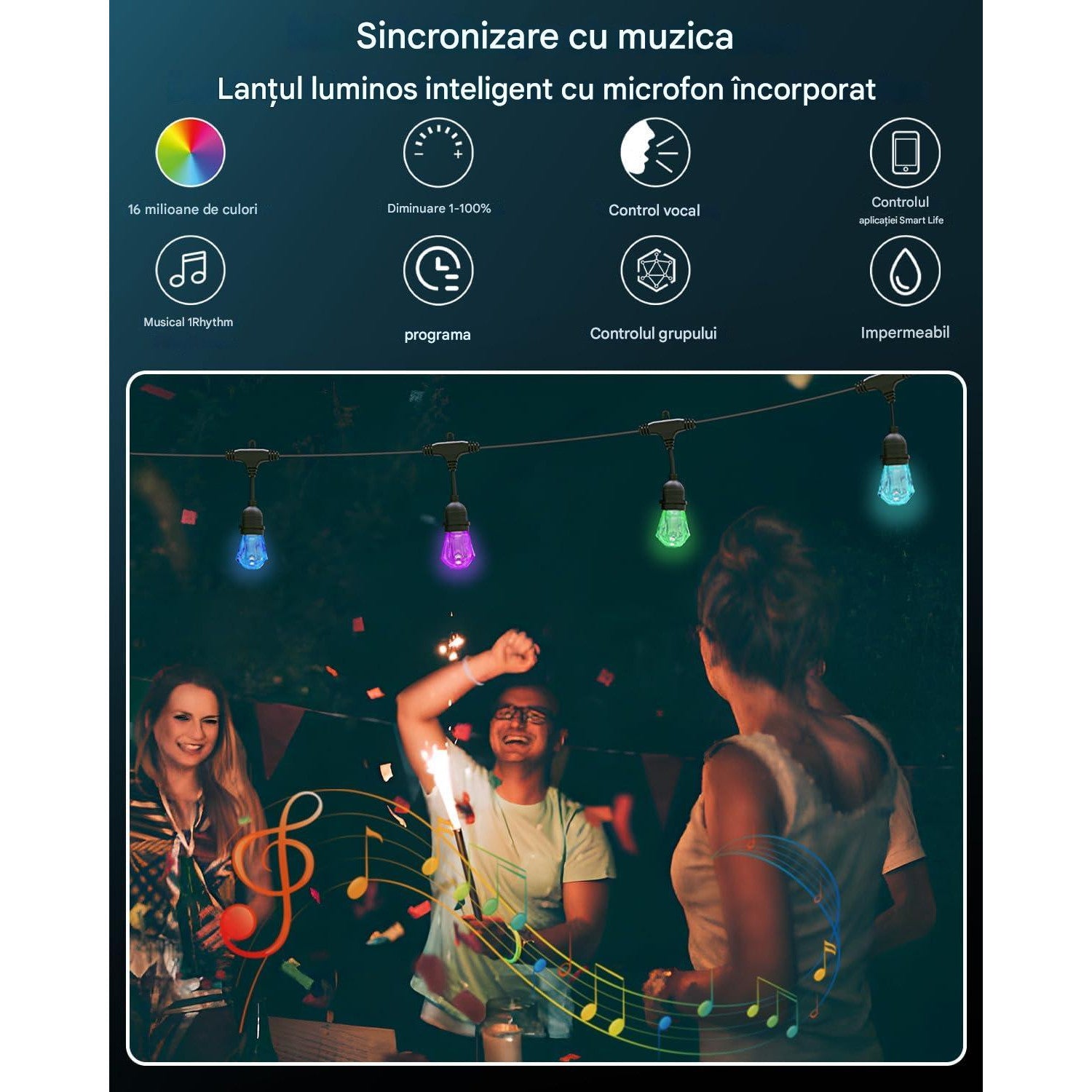 Ghirlanda luminoasa LED RGBW+IC, de 12 m, 12 becuri, fiecare bec controlabil individual, impermeabila IP65, dimabila, 16 milioane culori, aplicatie dedicata, compatibila Alexa/Google Assistant