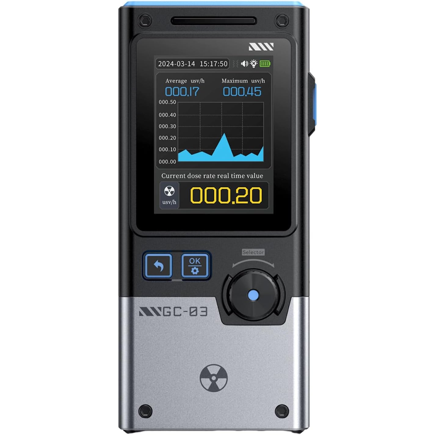 Detector radiatii 3 in 1 DewinLVD GC-03, contor geiger, masurare camp electric/magnetic si radiatii nucleare, ecran color 2.4”, alarma sonora, luminoasa, vibratii, USB-C, baterie 1500mAh, negru