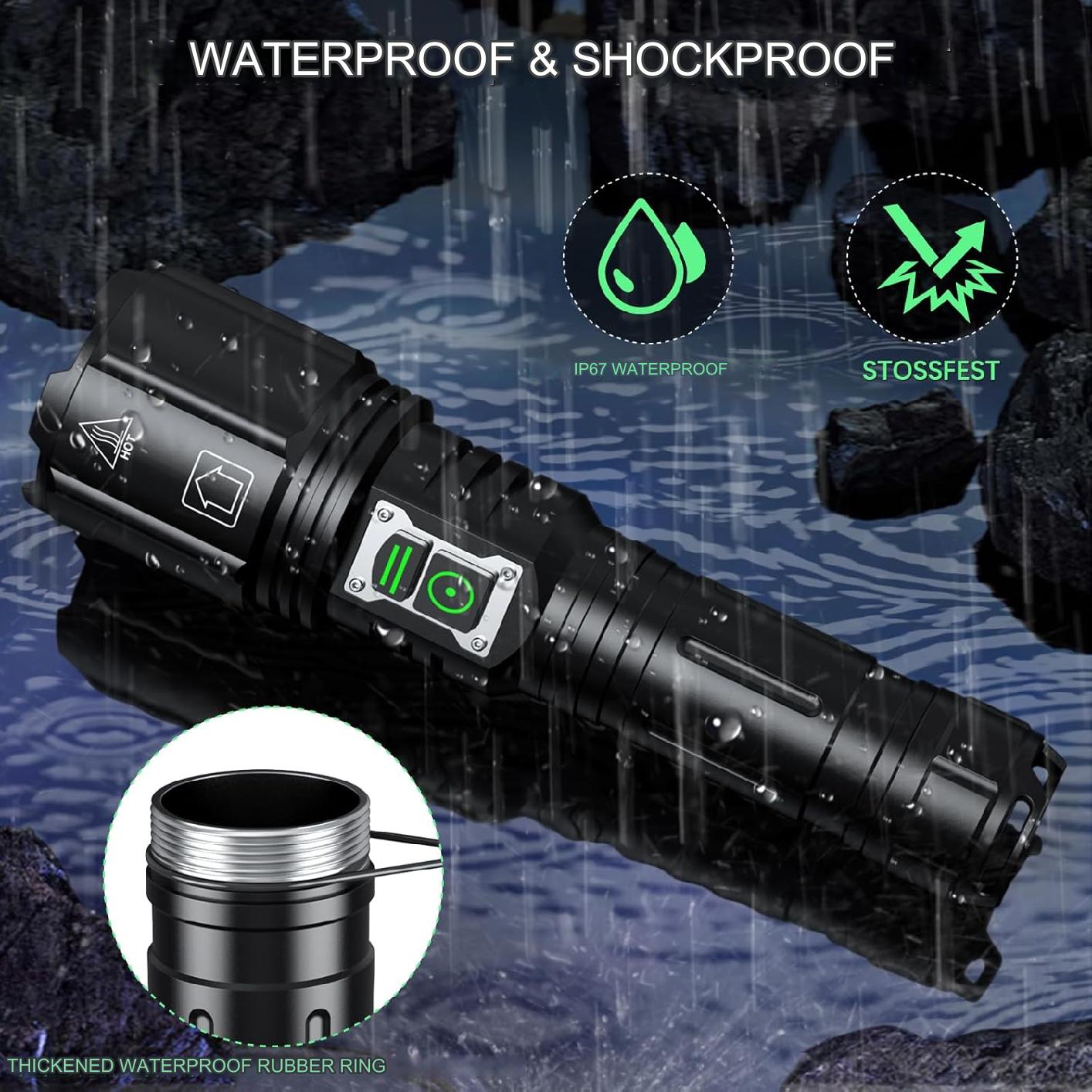 Lanterna tactica LED 120.000 lumeni, chip XHP160, 6 moduri iluminare, acumulator reincarcabil 5000 mAh, impermeabila IP67, functie powerbank, indicator nivel baterie, cu toc lanterna
