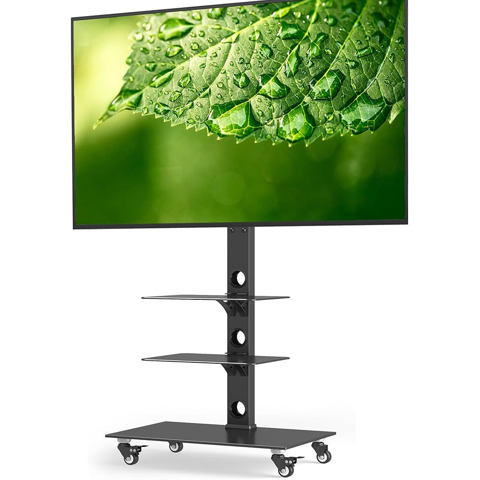 Suport TV BONTEC cu roti pentru ecrane Plasma/LCD/LED de 30-70 inch, pana la 40 kg, 6 reglaje de inaltime cu rafturi din sticla securizata cu 3 niveluri, MAX VESA 600 x 400 mm