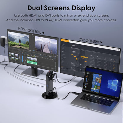 Statie de andocare 13 in 1 universala, cu functie extensie display, port HDMI, DVI, Ethernet, 2 x USB 3.0, 4 x USB 2.0, 1 x adaptor DVI la HDMI, 1x adaptor DVI la VGA, 1 x adaptor USB A la USB-C, pentru laptop Windows/MAC
