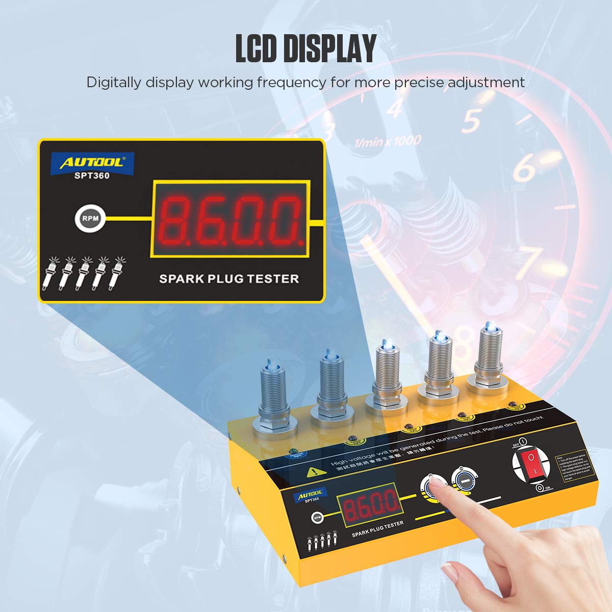 Tester bujii auto cu 5 socluri, AUTOOL SPT360, pentru masina si motocicleta, 200-9000 rpm, cu display LCD, 195 x 115 x 53 mm