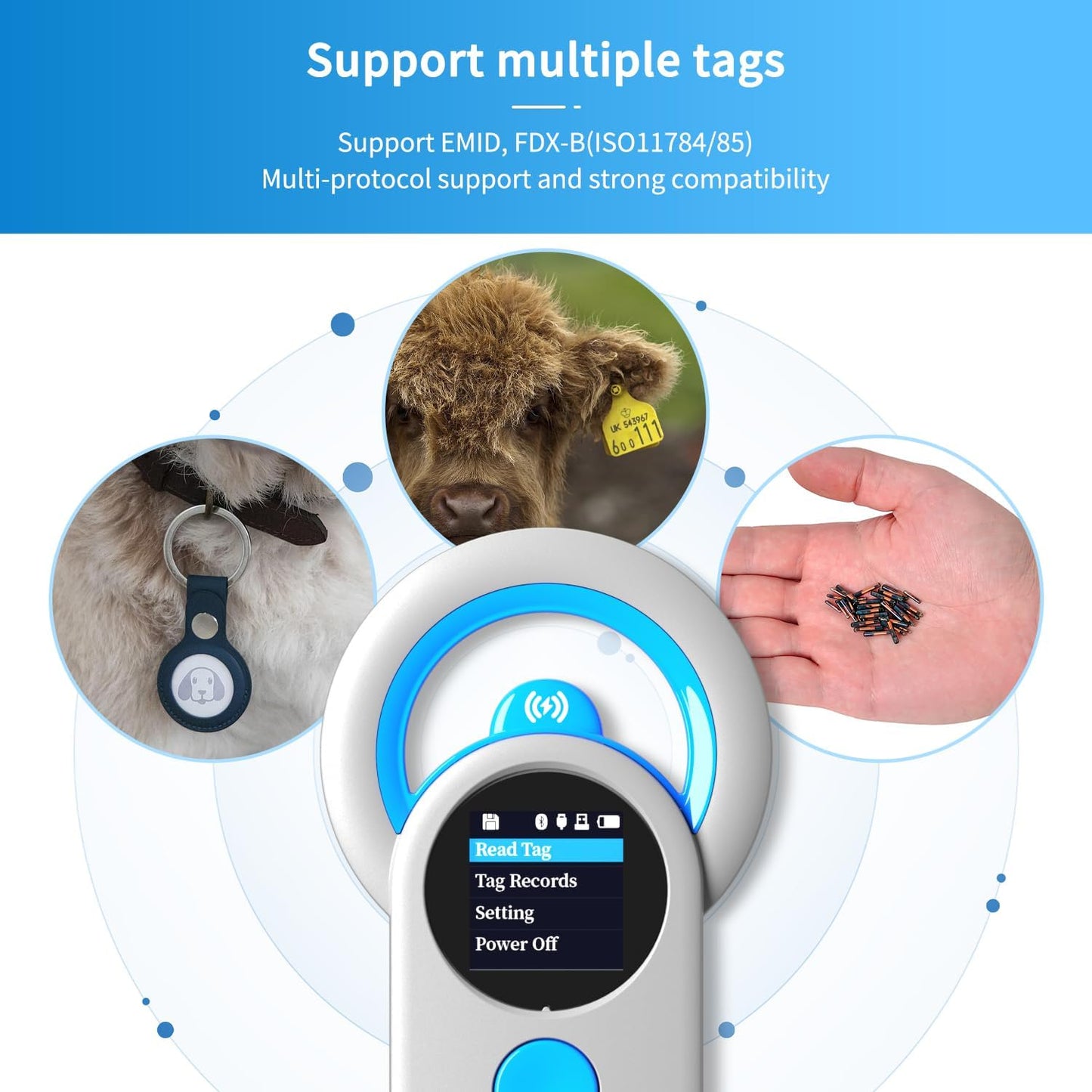 Cititor cipuri animale Bluetooth portabil, suporta tehnologie ISO 11784/11785, FDX-B si ID64 RFID, reincarcabil cu acumulator 1200 mAh, cu stocare date, scaner RFID pentru caini, pisici si crotalii ureche
