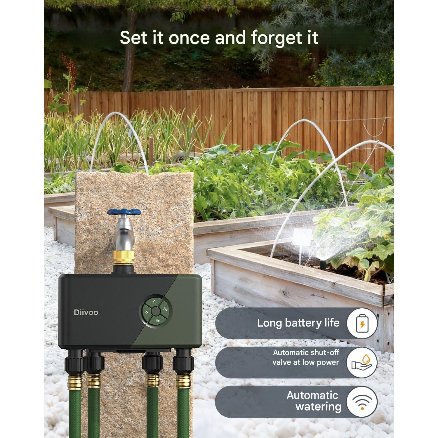 Computer de irigatii smart Diivoo WLAN 4 iesiri – Temporizator udare gradina WiFi + Ethernet, control app, compatibil Alexa si Google, 24 programe, udare 4 zone, mod ploaie si ceata, economisire apa, intrare alama anti-scurgeri
