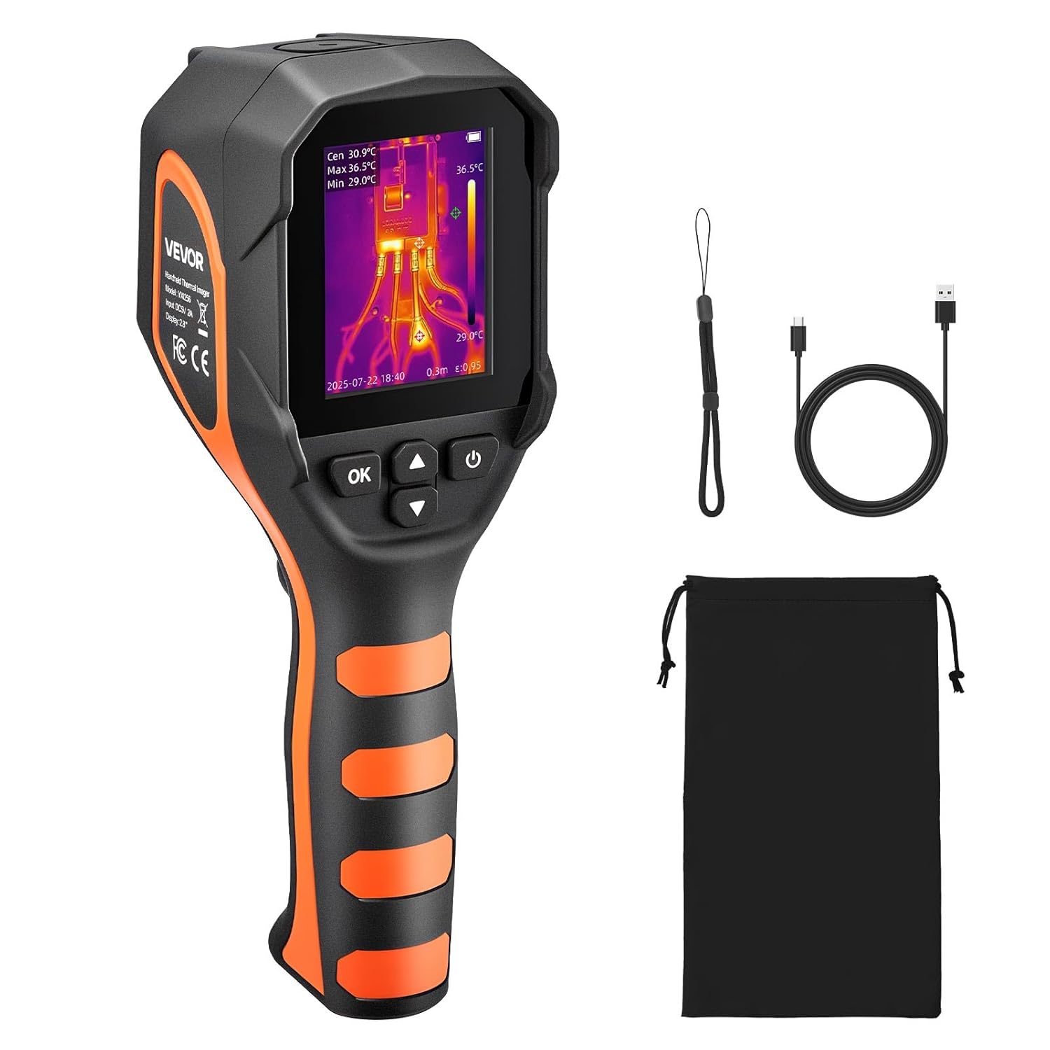 Camera termoviziune VEVOR, TISR 320x240, IR 160x120, lanterna LED, camera 2MP, 25Hz, -20°C pana la 550°C, ecran 2.8 inch, IP54, 6 palete culori, 16GB, USB, pentru HVAC, electricieni si inspectii industriale