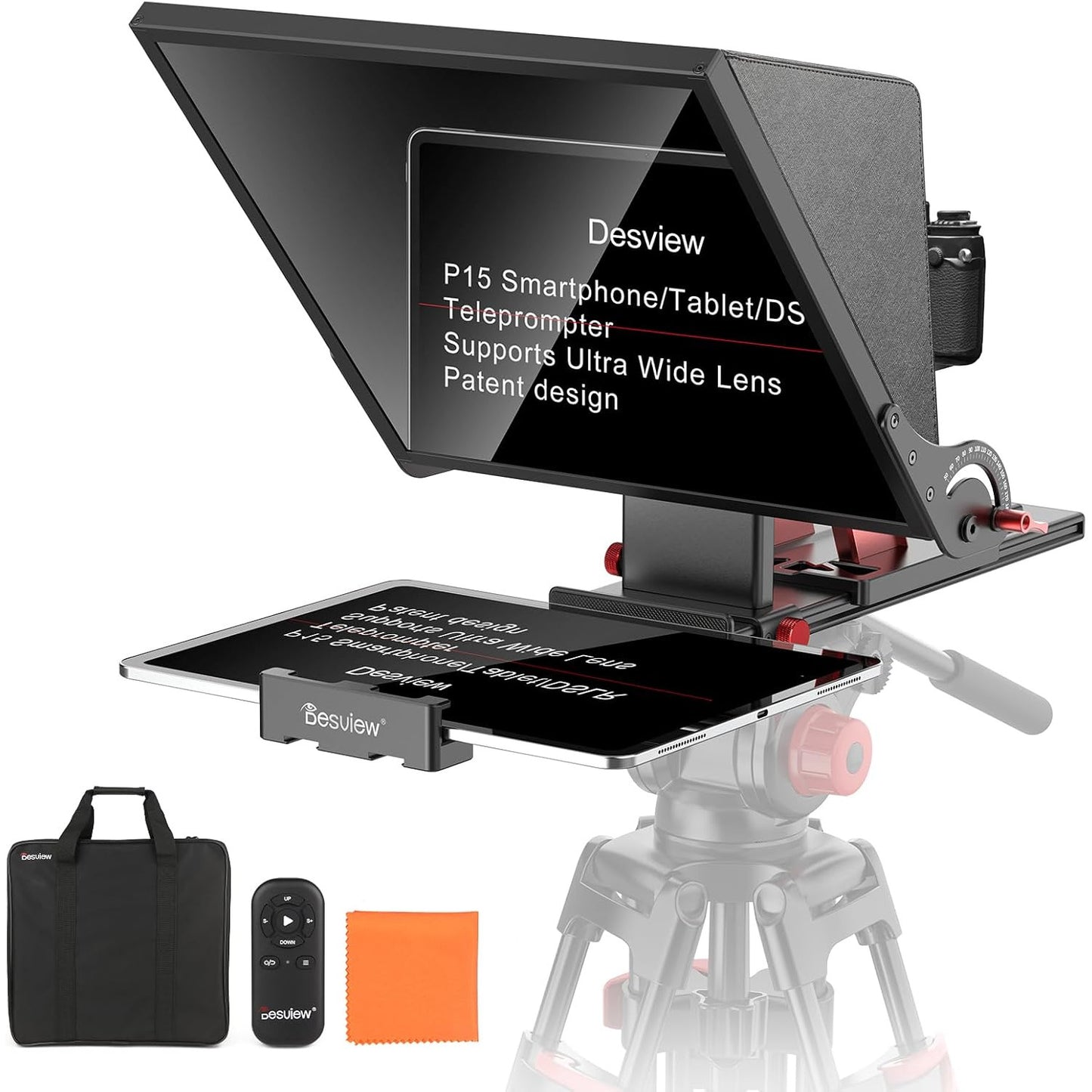 Kit teleprompter de 15 inch, pentru camere DSLR, cu telecomanda, compatibil cu smartphone si tableta pana la 15.3 inch, din metal, din metal, cu montura 1/4 inch si geanta de depozitare si transport