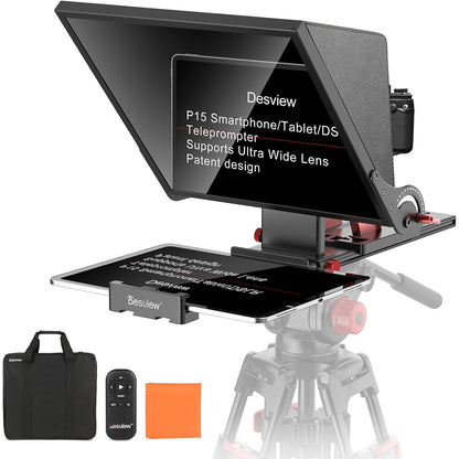 Kit teleprompter de 15 inch, pentru camere DSLR, cu telecomanda, compatibil cu smartphone si tableta pana la 15.3 inch, din metal, din metal, cu montura 1/4 inch si geanta de depozitare si transport
