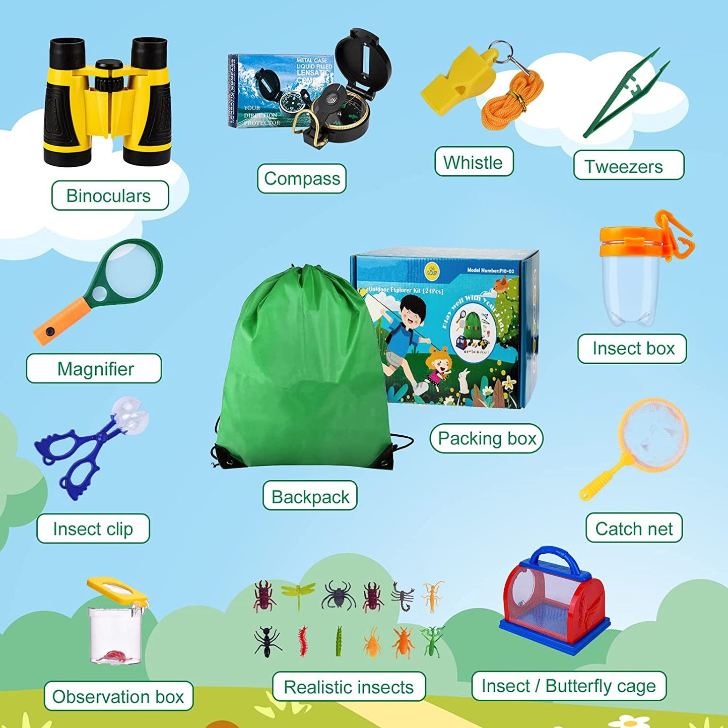 Set de cercetare pentru explorarea in aer liber pentru copii, kit explorator 24 piese cu binoclu, busola, lupa, plasa pentru fluturi, penseta pentru insecte