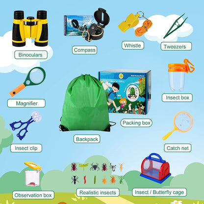 Set de cercetare pentru explorarea in aer liber pentru copii, kit explorator 24 piese cu binoclu, busola, lupa, plasa pentru fluturi, penseta pentru insecte