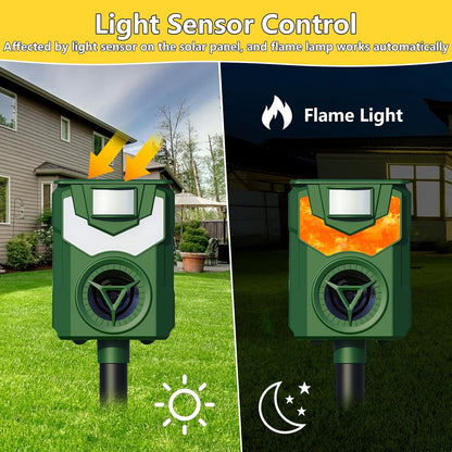 Aparat impotriva daunatorilor, cu panou solar, ultrasunete, lumina tip flacara, senzor de miscare, 5 moduri de functionare, impermeabil IP44, portabil