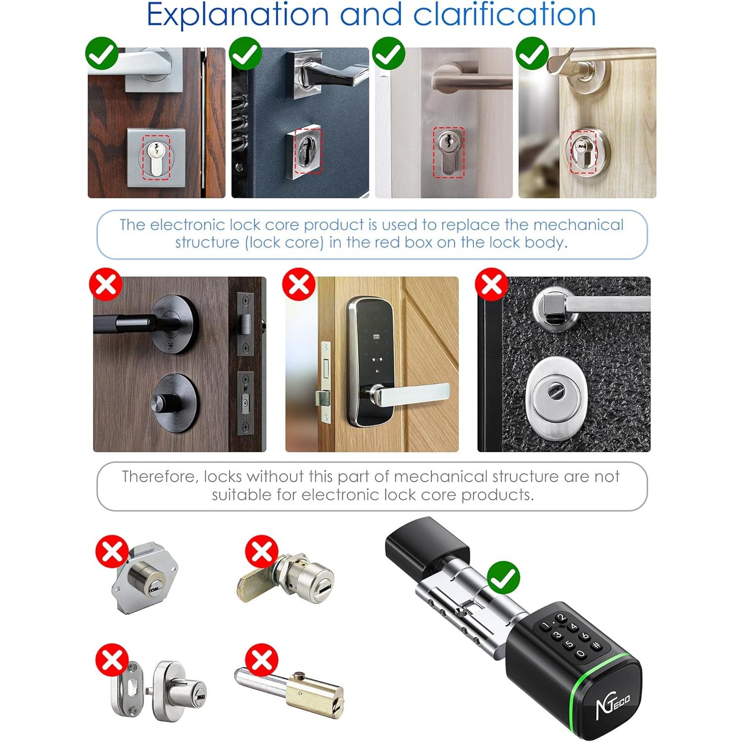 Butuc incuietoare smart, cilindru ajustabil cu cod de acces, aplicatie dedicata, card IC si cheie, pentru usi de la 30-90 mm, negru