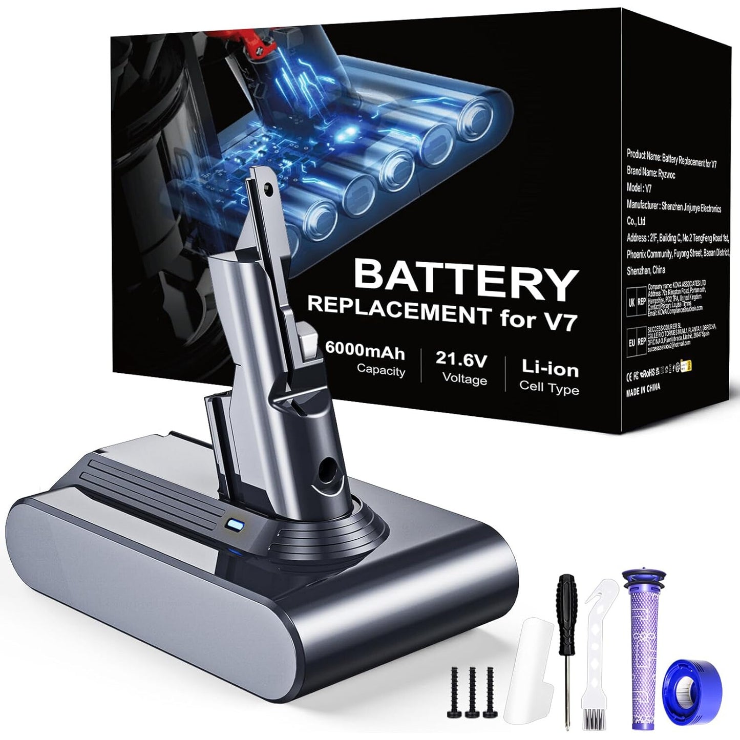 Acumulator 6000mAh pentru Dyson V7, baterie compatibila cu Dyson V7 Animal, V7 Motorhead, V7 Allergy, V7 Fluffy, V7 Matress, V7 Trigger, V7 Cord-free, cu filtru si accesorii