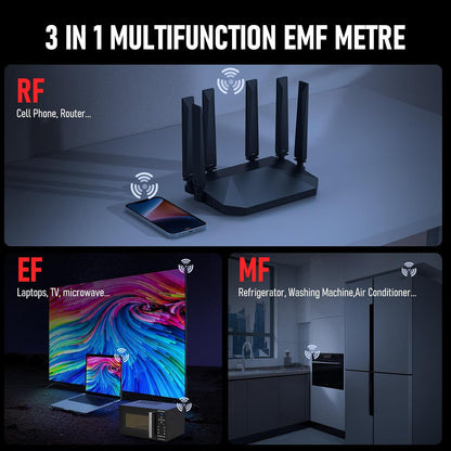 Detector de radiatii 3 in 1, masoara semnale camp electric EF, camp magnetic MF, radiatii electromagnetice RF, cu display, alerta sonora, detector fantome, oprire automata, usor de utilizat