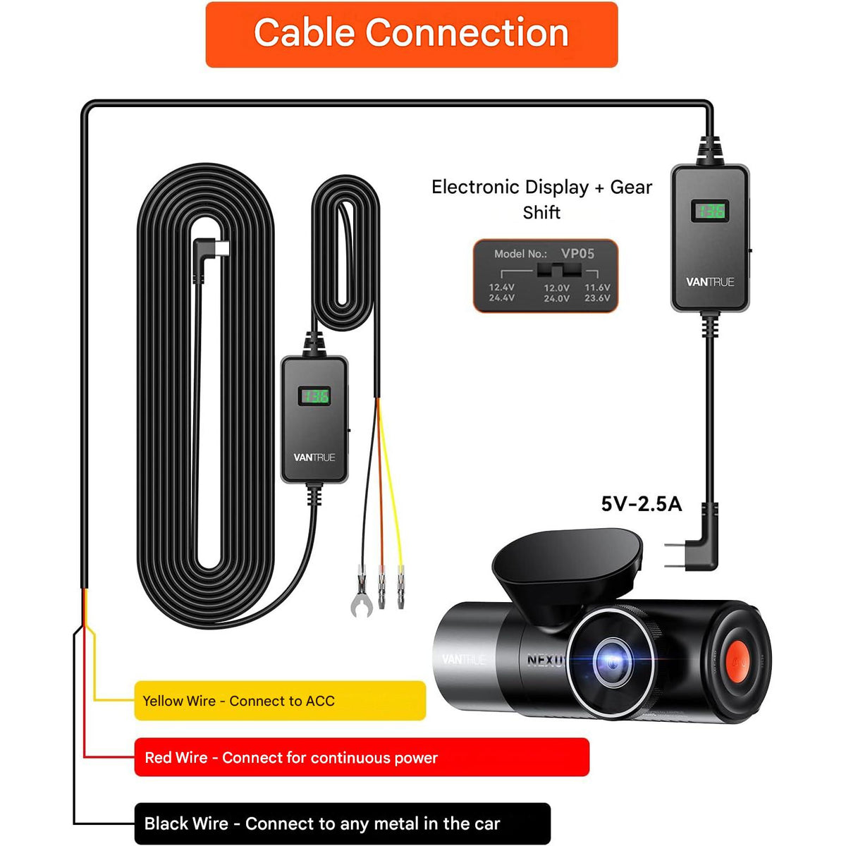 Kit cablu USB-C pentru camera de bord VanTrue, alimentare fixa hardwire 12V/24V la 5V, mod parcare 24/7, protectie la descarcare baterie, afisaj tensiune in timp real, compatibil dashcam si GPS