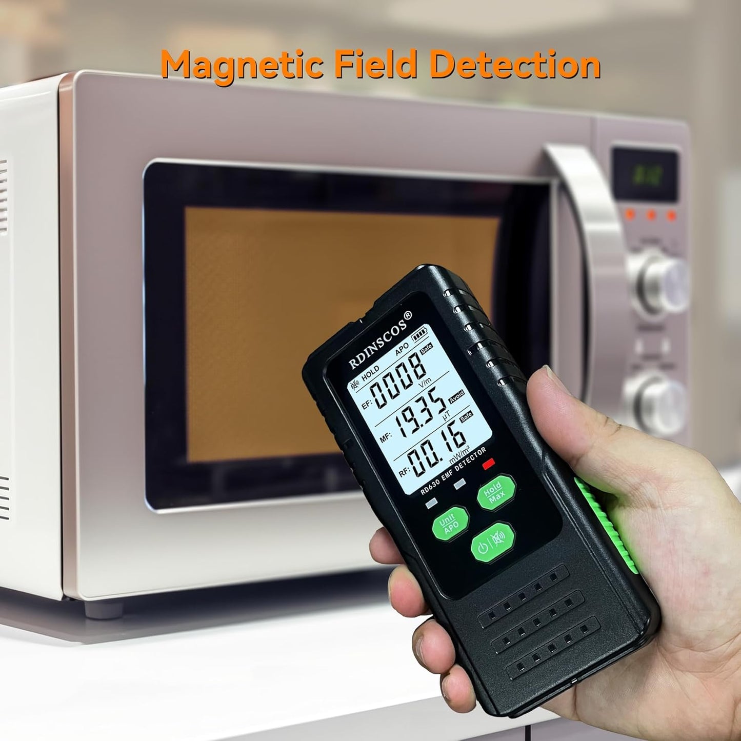 Detector radiatii electromagnetice EMF, MF, RF, digital, cu display LCD iluminat, alarma automata, pentru acasa, birou, in aer liber