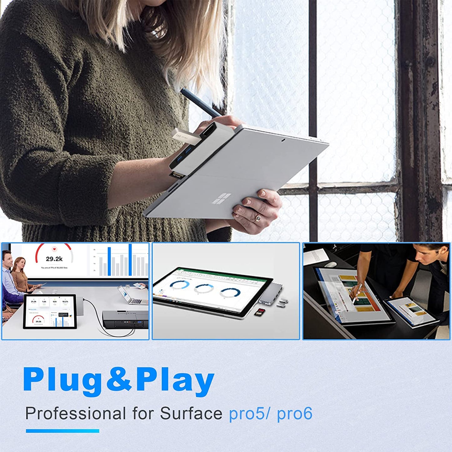 Hub adaptor pentru Surface Pro 5/Pro 6, statie de andocare cu HDMI 4K, USB 3.0, 2 USB 2.0, cititor de carduri SD si Micro SD si carcasa din aluminiu