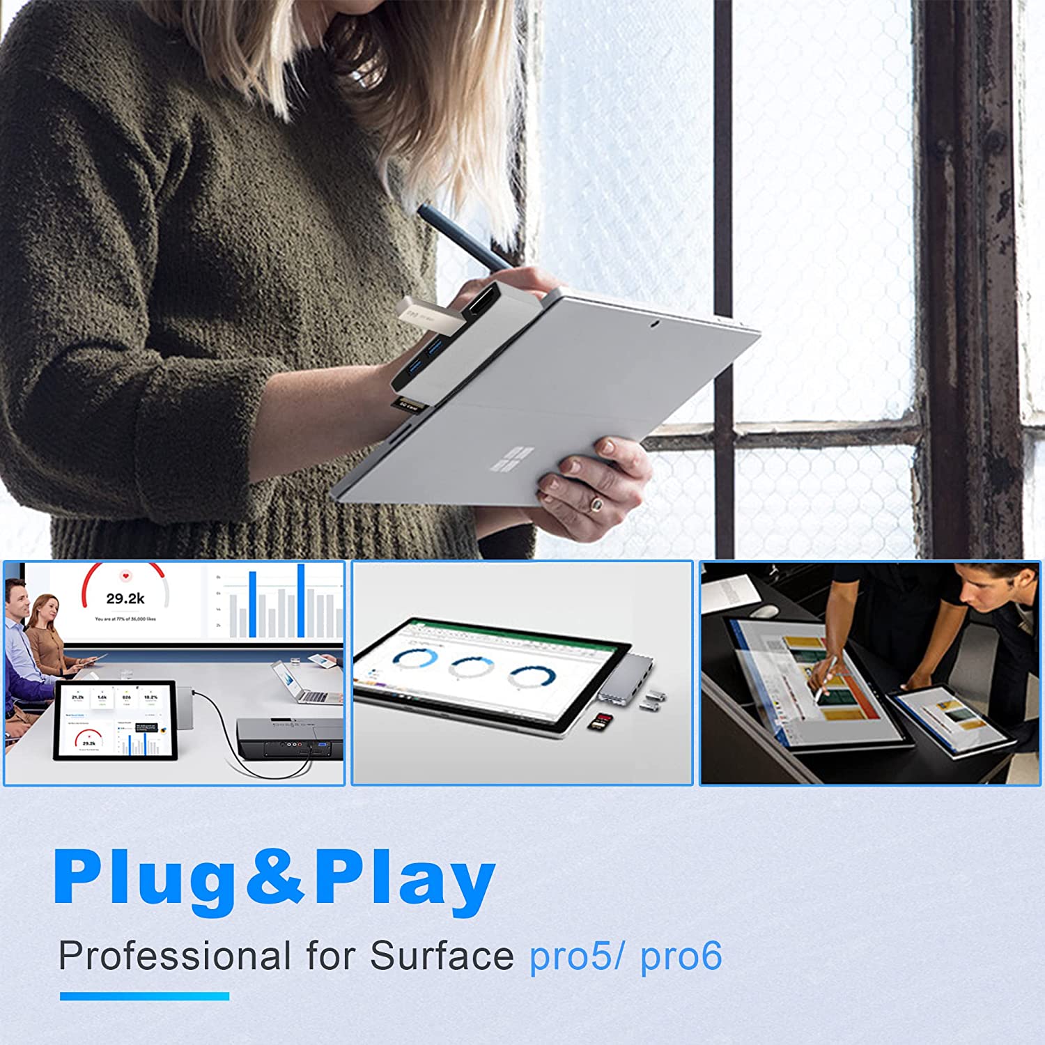 Hub adaptor pentru Surface Pro 5/Pro 6, statie de andocare cu HDMI 4K, USB 3.0, 2 USB 2.0, cititor de carduri SD si Micro SD si carcasa din aluminiu