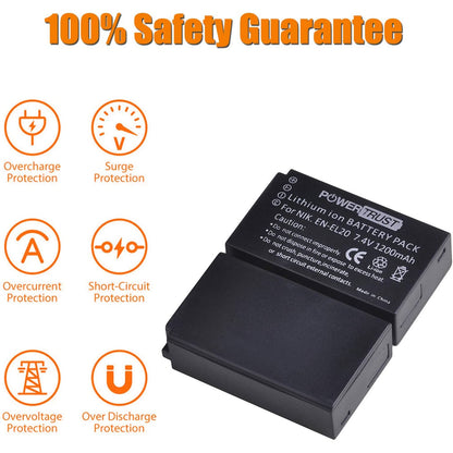 Set 2 acumulatori EN-EL20 EN-EL20 1200 mAh PowerTrust cu incarcator cu display LCD pentru Nikon EN EL20, Coolpix A 1 AW1, 1 J1, 1 J2, 1 J3, 1 S1, 1 V3