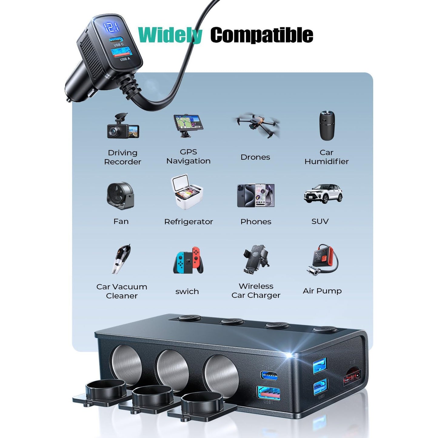 Adaptor bricheta auto 191W Pro, 12V/24V, cu 2 porturi QC & 3.0 18W, 2 PD & 3.0 Pro 30W, 3 prize soclu 80W, 2 porturi USB 15W, monitorizare LED a tensiunii, intrerupatoare, incarcator priza auto pentru smartphone, tableta, dashcam