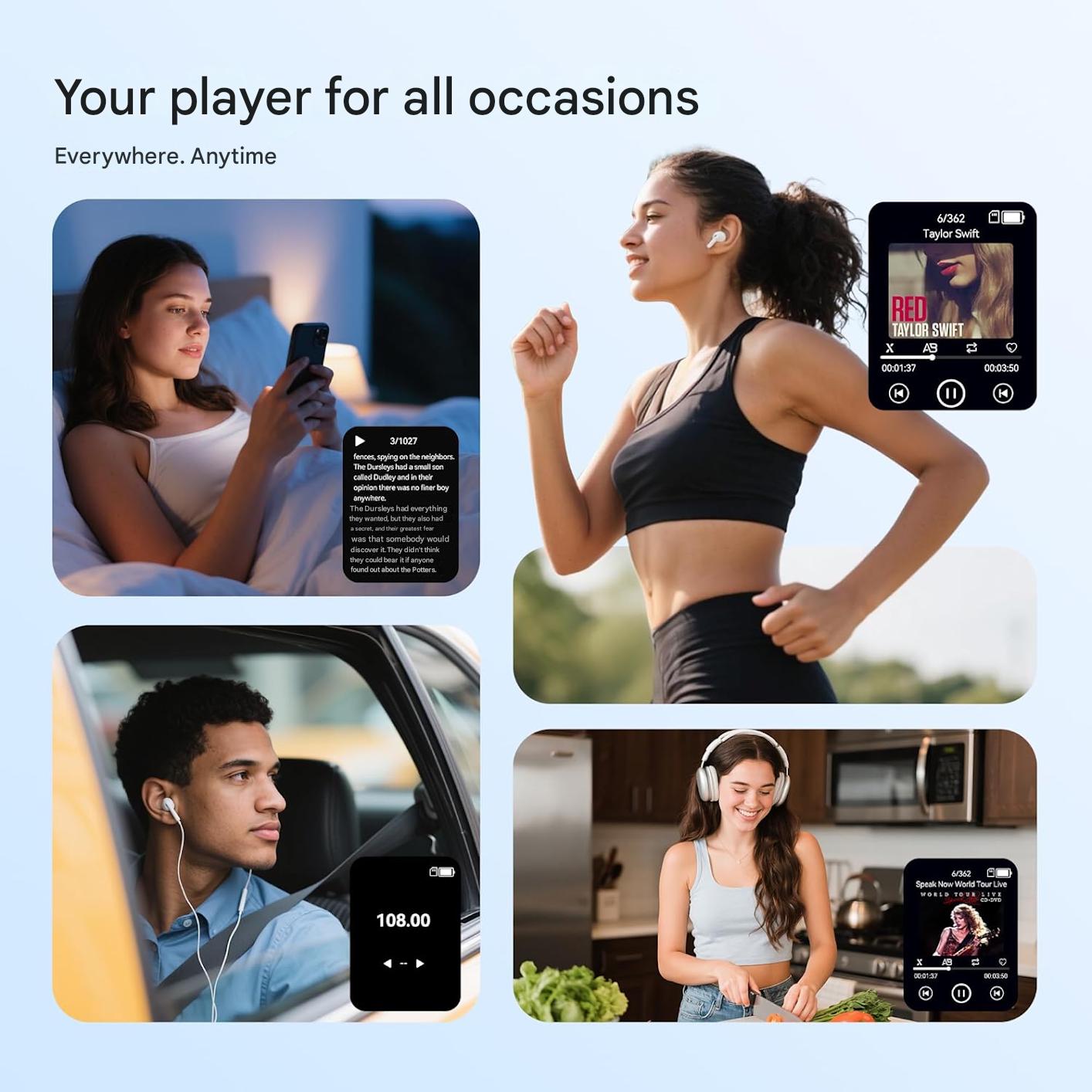 MP3 Player 128 GB AGPTEK cu Bluetooth 5.4, ecran 2, 4 inch, inregistrare cu un singur clic, difuzor HD incorporat, radio FM, carcasa metalica, butoane tactile, portabil, casti incluse, albastru