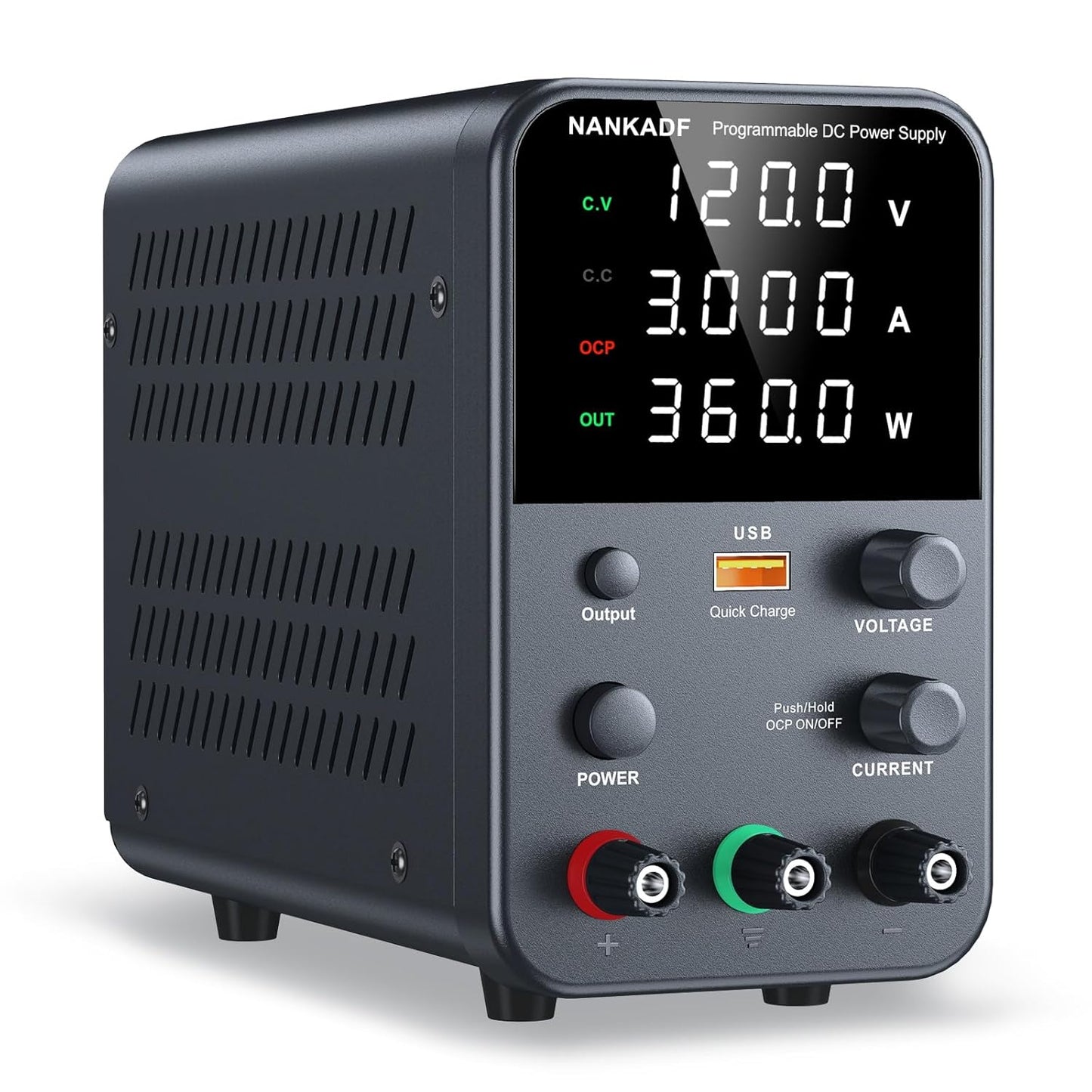Sursa de alimentare de laborator 0-120 V, 0-3 A, 360 W, cu display LED, ventilator de racire, functie protectie supracurent (OCP), cu port USB 18 W, stabilizare voltaj si curent, CV/CC