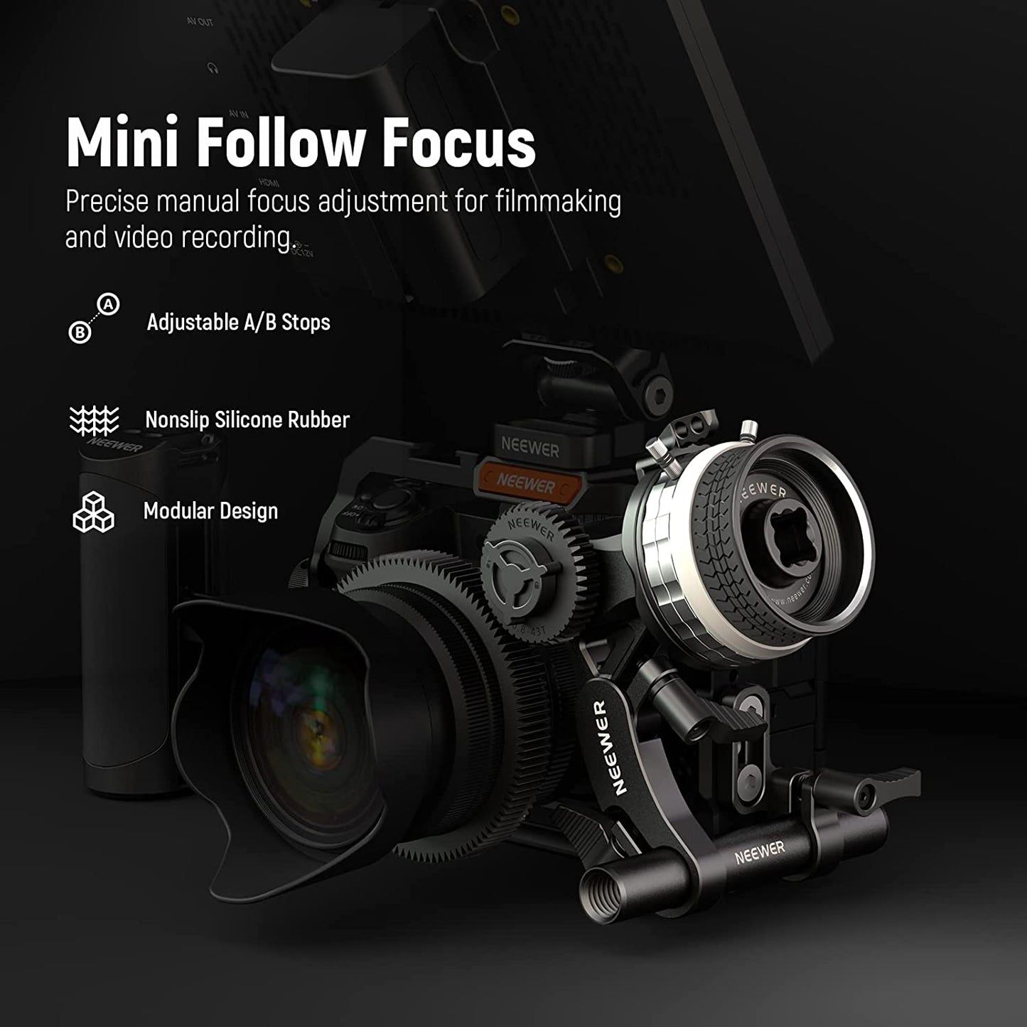 Adaptor follow focus mini pentru obiectiv de pana la 114 mm, cu tija de 15 mm si clema, cu opritoare A/B, pentru cage, camera foto mirrorless, DSLR, Neewer PG001